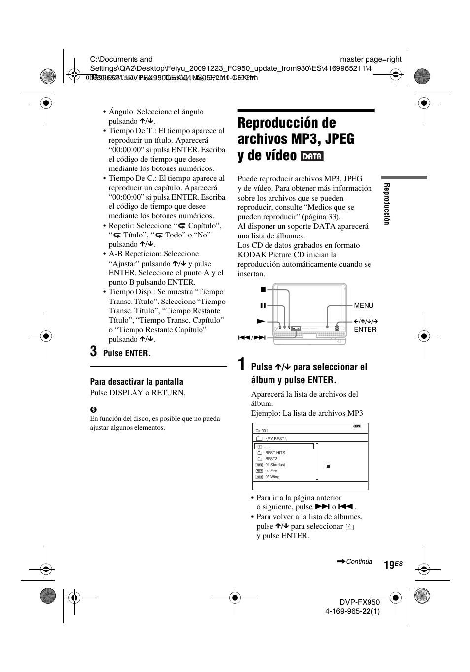 Reproducción de archivos mp3, jpeg y de vídeo | Sony DVP-FX950 User Manual | Page 123 / 216