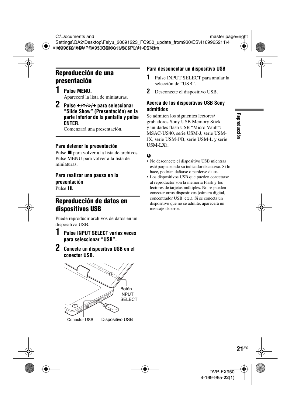 Reproducción de una presentación, Reproducción de datos en dispositivos usb | Sony DVP-FX950 User Manual | Page 125 / 216