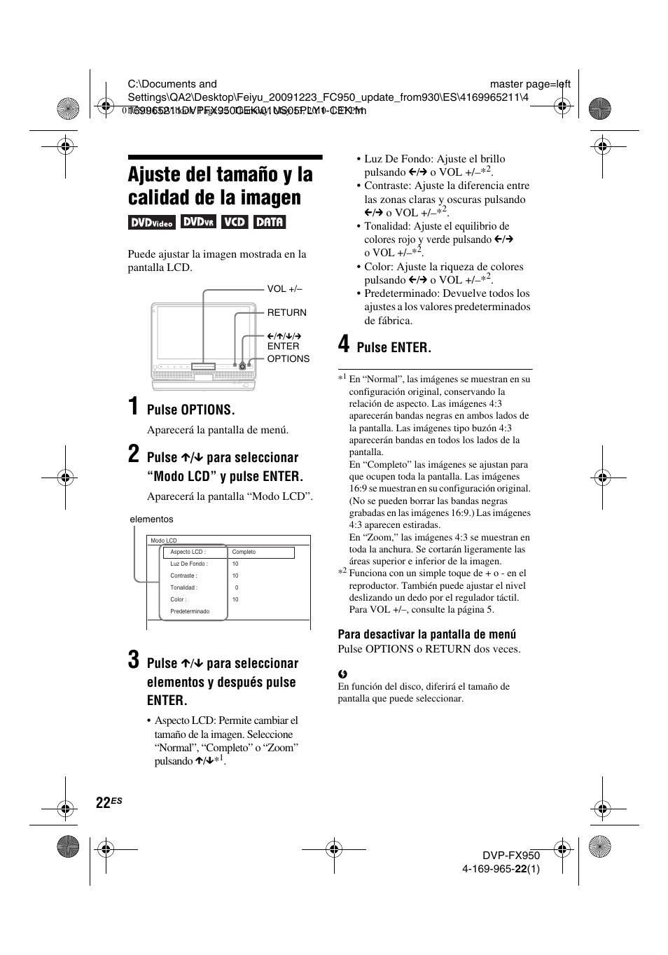 Ajuste del tamaño y la calidad de la imagen, Pulse options, Pulse enter | Sony DVP-FX950 User Manual | Page 126 / 216