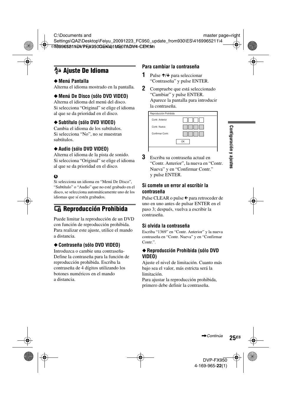 Ajuste de idioma, Reproducción prohibida | Sony DVP-FX950 User Manual | Page 129 / 216