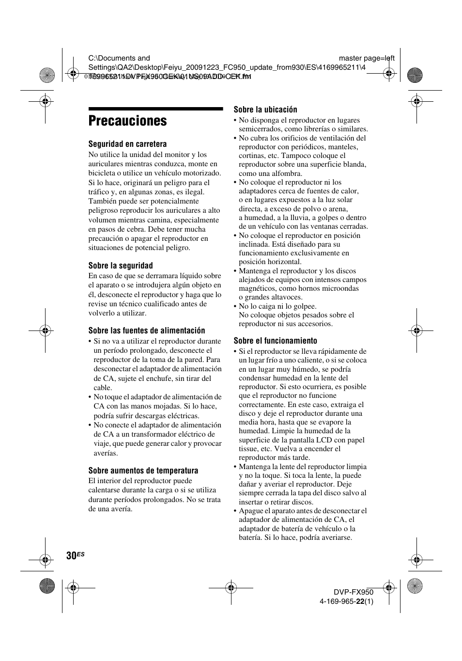 Precauciones | Sony DVP-FX950 User Manual | Page 134 / 216