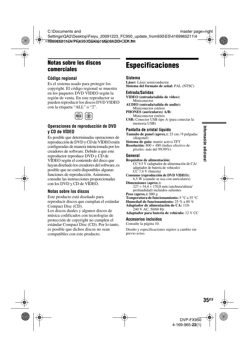 Especificaciones, Notas sobre los discos comerciales | Sony DVP-FX950 User Manual | Page 139 / 216