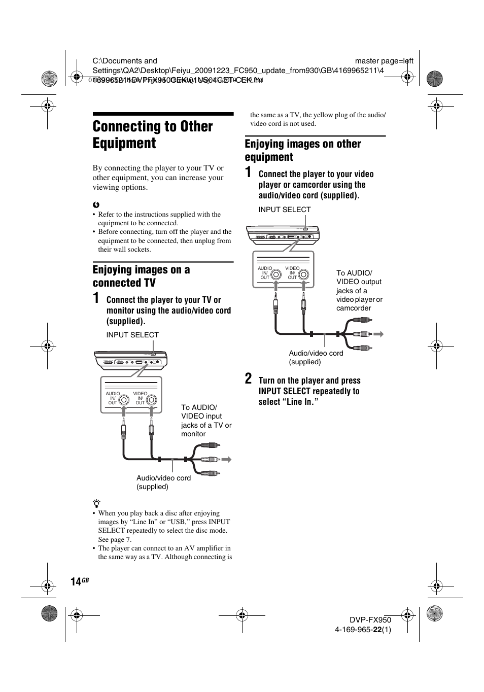 Connecting to other equipment, Enjoying images on a connected tv, Enjoying images on other equipment | Sony DVP-FX950 User Manual | Page 14 / 216