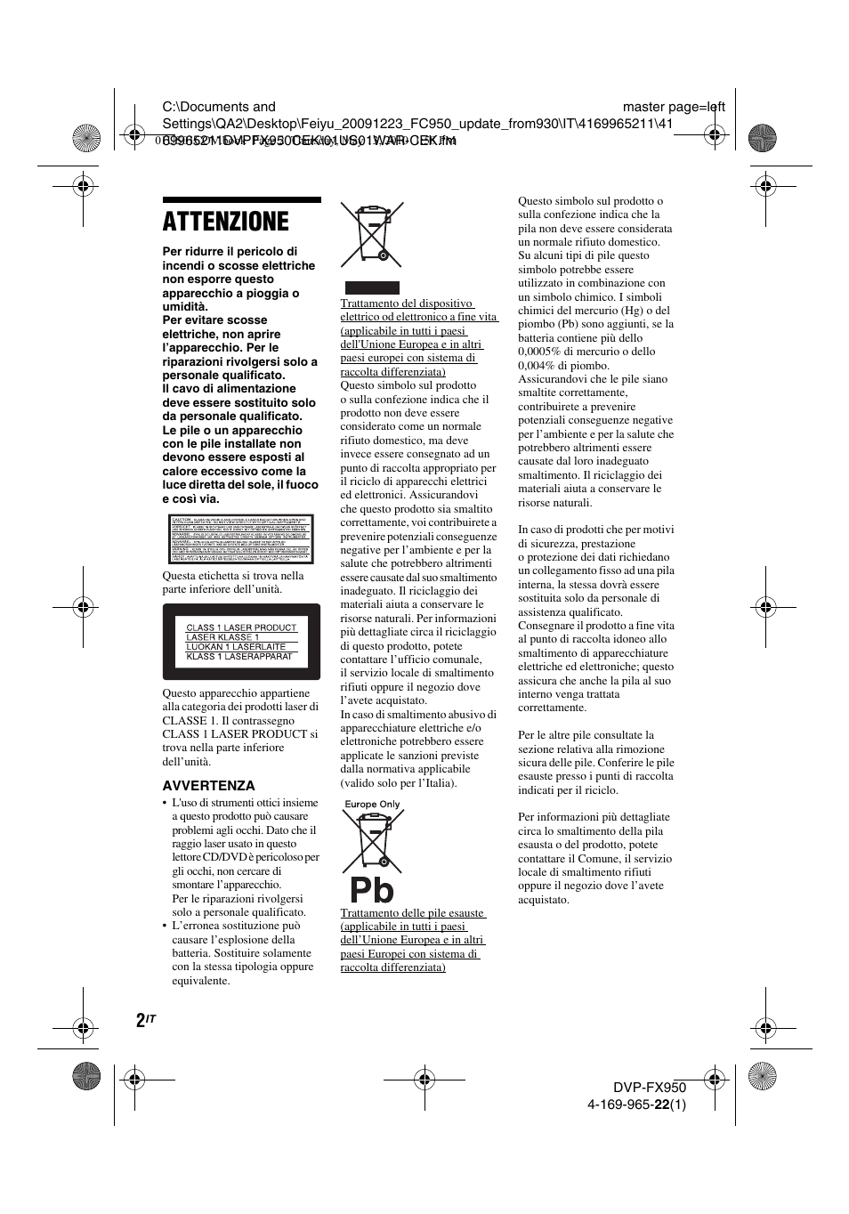 Attenzione | Sony DVP-FX950 User Manual | Page 142 / 216