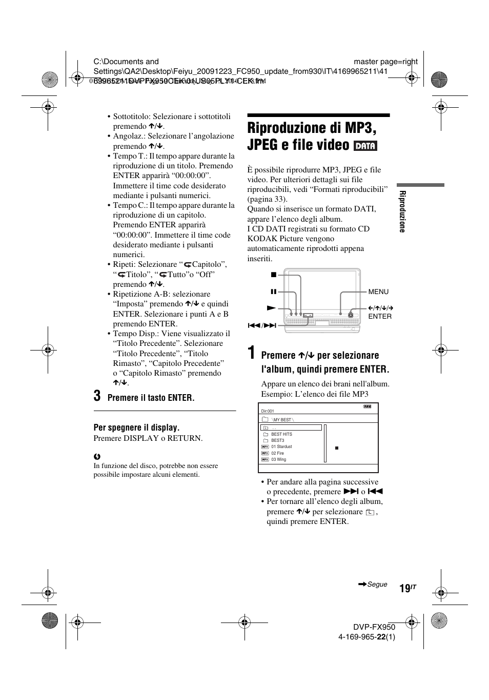 Riproduzione di mp3, jpeg e file video | Sony DVP-FX950 User Manual | Page 159 / 216