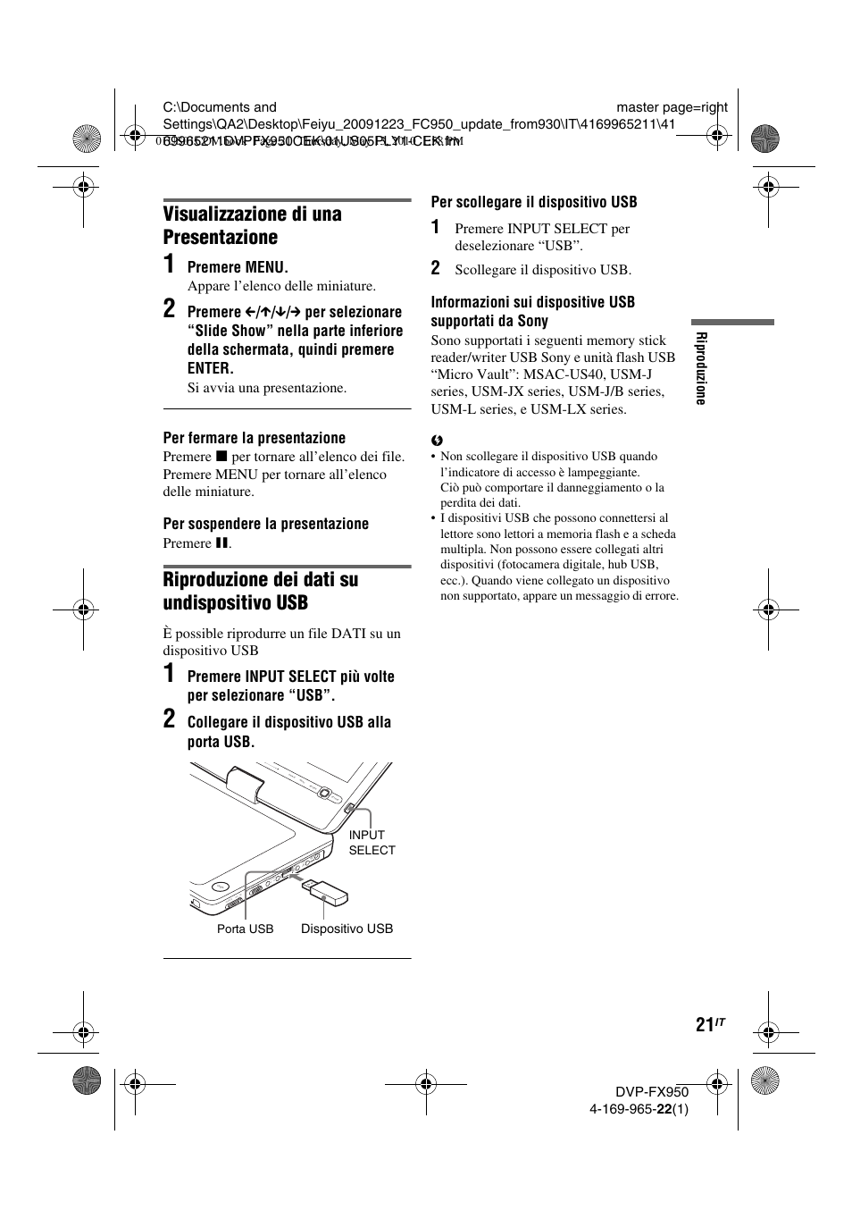 Visualizzazione di una presentazione, Riproduzione dei dati su undispositivo usb | Sony DVP-FX950 User Manual | Page 161 / 216