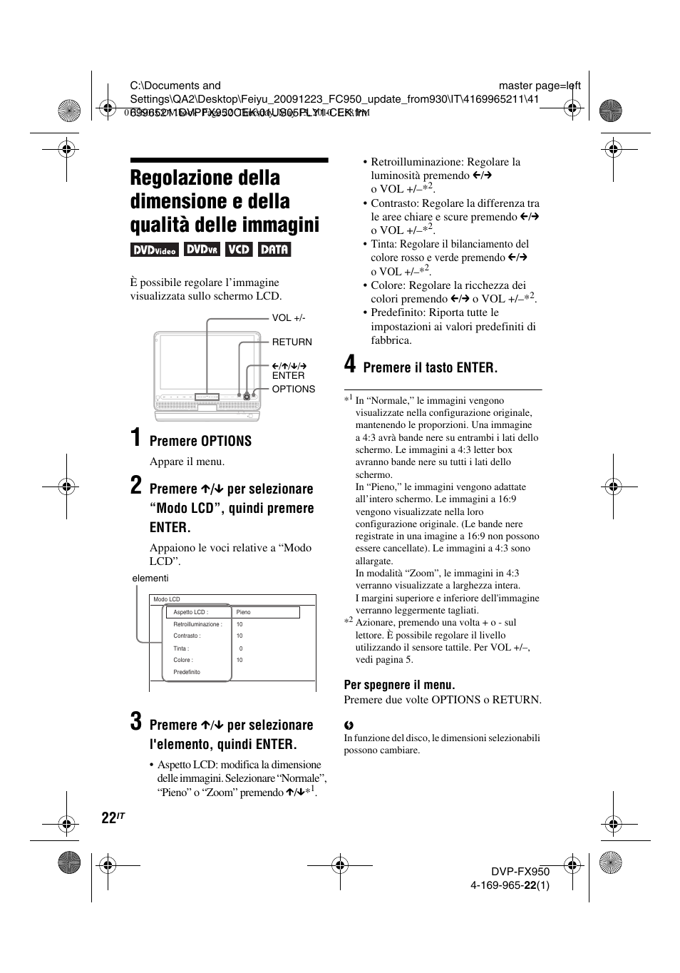 Premere options, Premere il tasto enter | Sony DVP-FX950 User Manual | Page 162 / 216