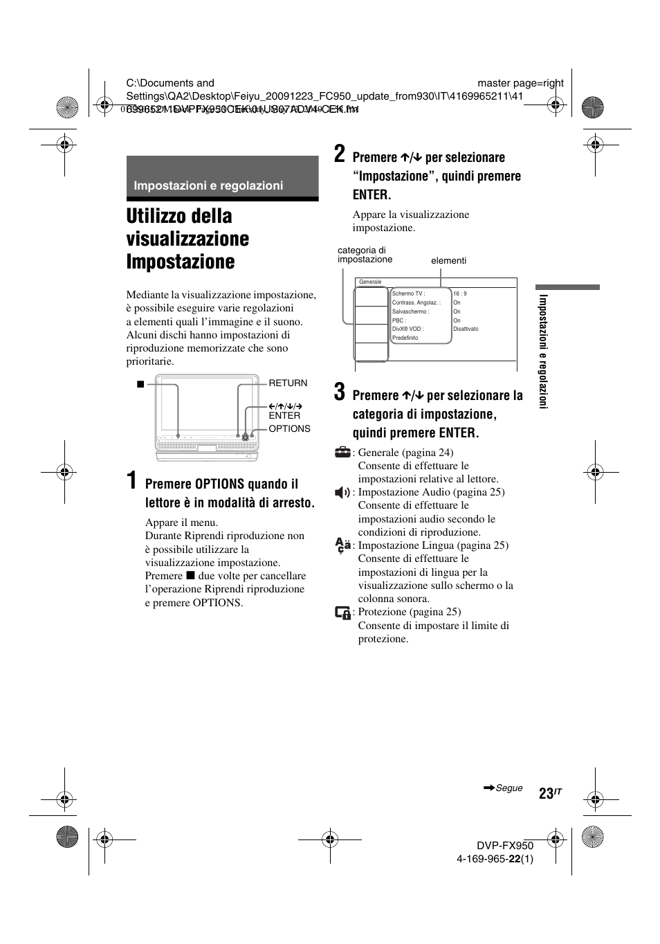 Utilizzo della visualizzazione impostazione | Sony DVP-FX950 User Manual | Page 163 / 216
