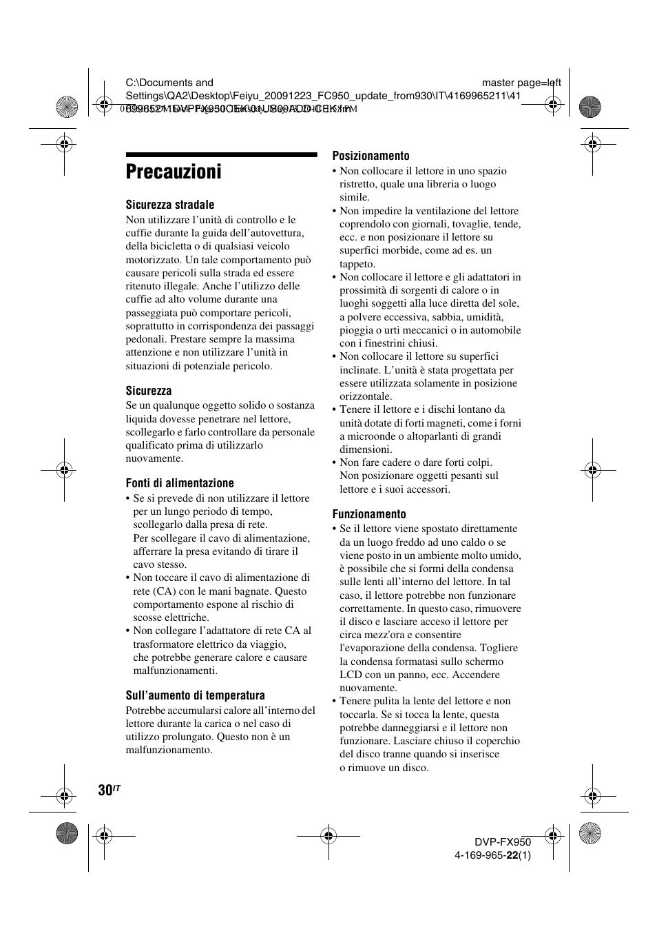 Precauzioni | Sony DVP-FX950 User Manual | Page 170 / 216