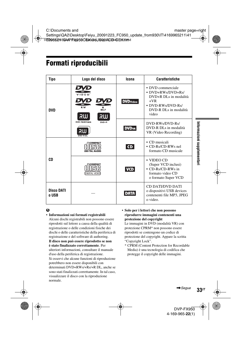 Formati riproducibili | Sony DVP-FX950 User Manual | Page 173 / 216