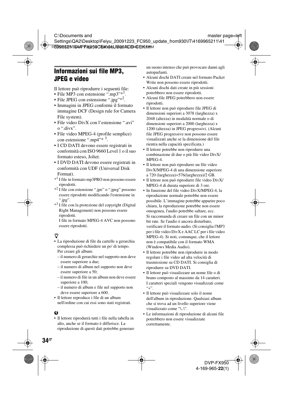 Informazioni sui file mp3, jpeg e video | Sony DVP-FX950 User Manual | Page 174 / 216