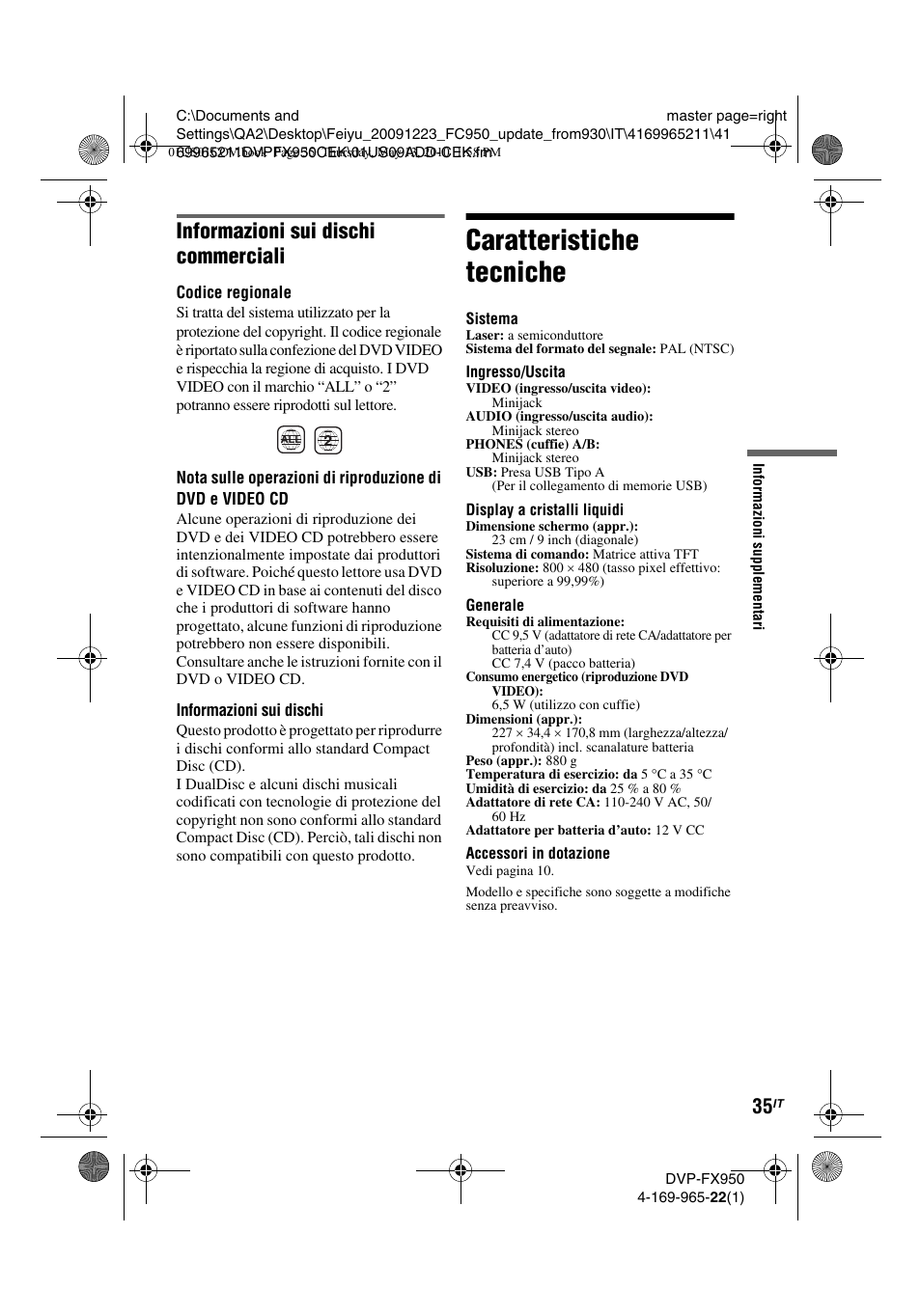 Caratteristiche tecniche, Informazioni sui dischi commerciali | Sony DVP-FX950 User Manual | Page 175 / 216