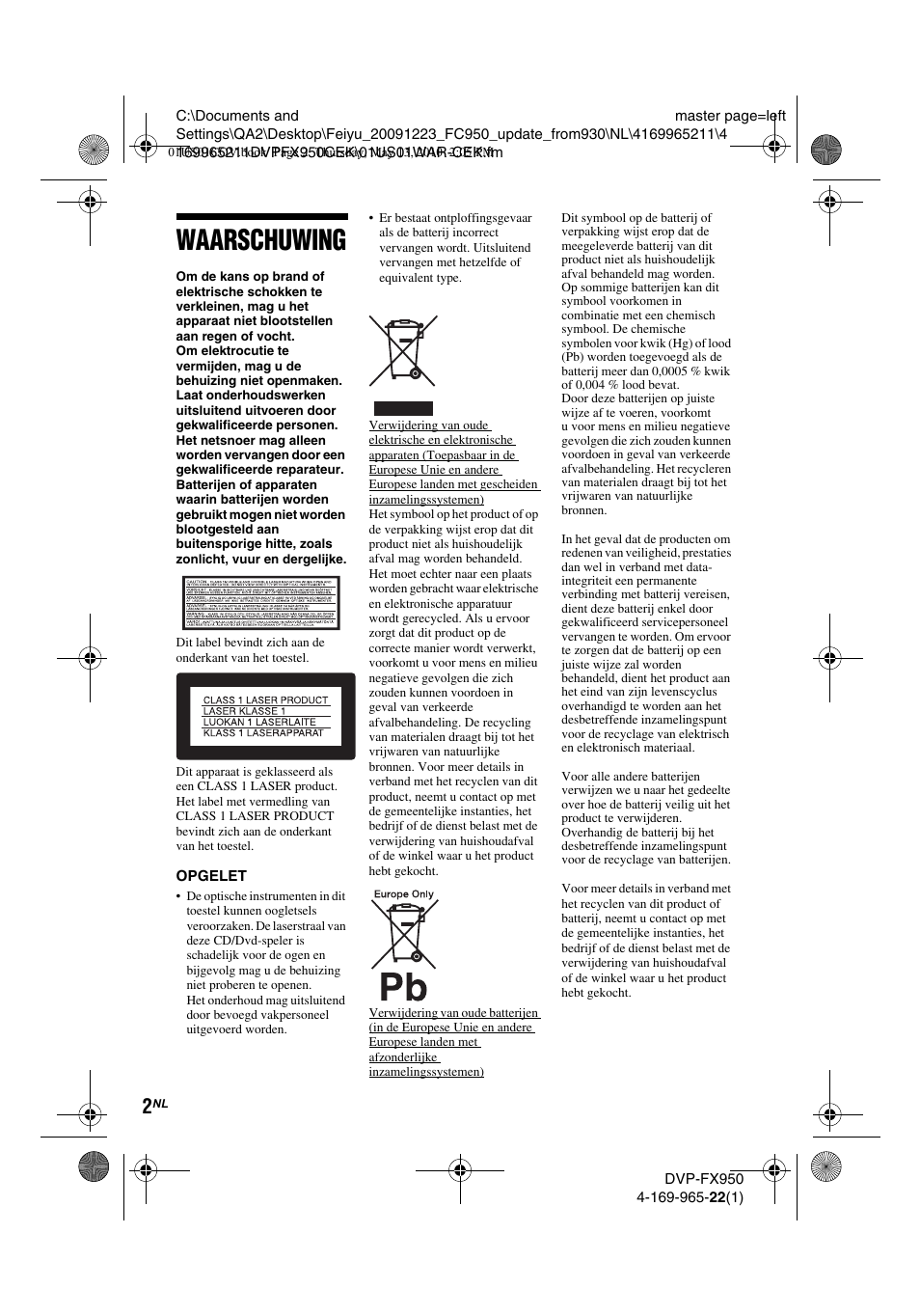 Waarschuwing | Sony DVP-FX950 User Manual | Page 178 / 216