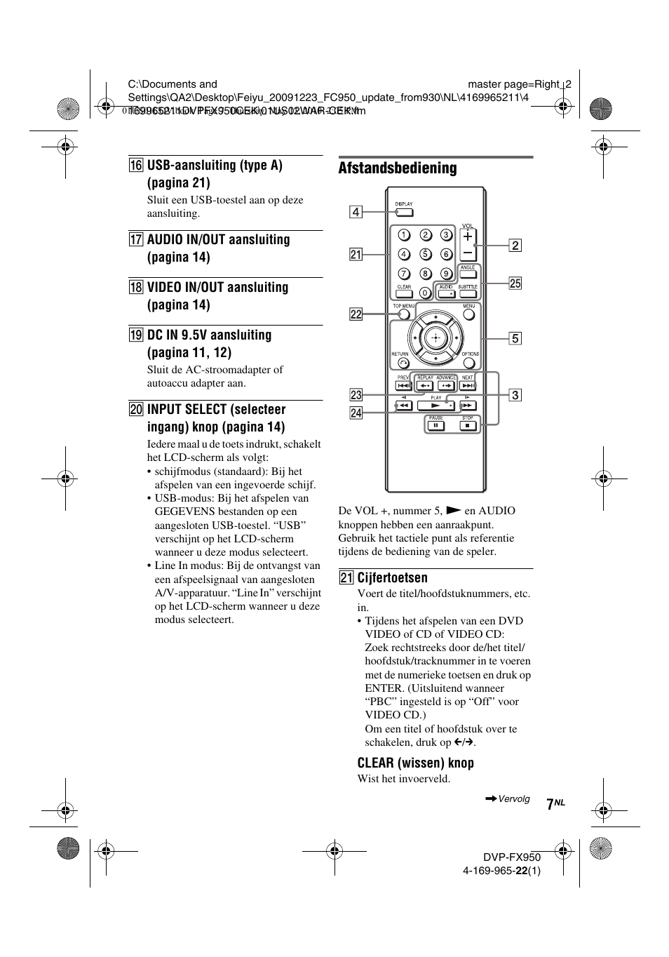 Afstandsbediening | Sony DVP-FX950 User Manual | Page 183 / 216