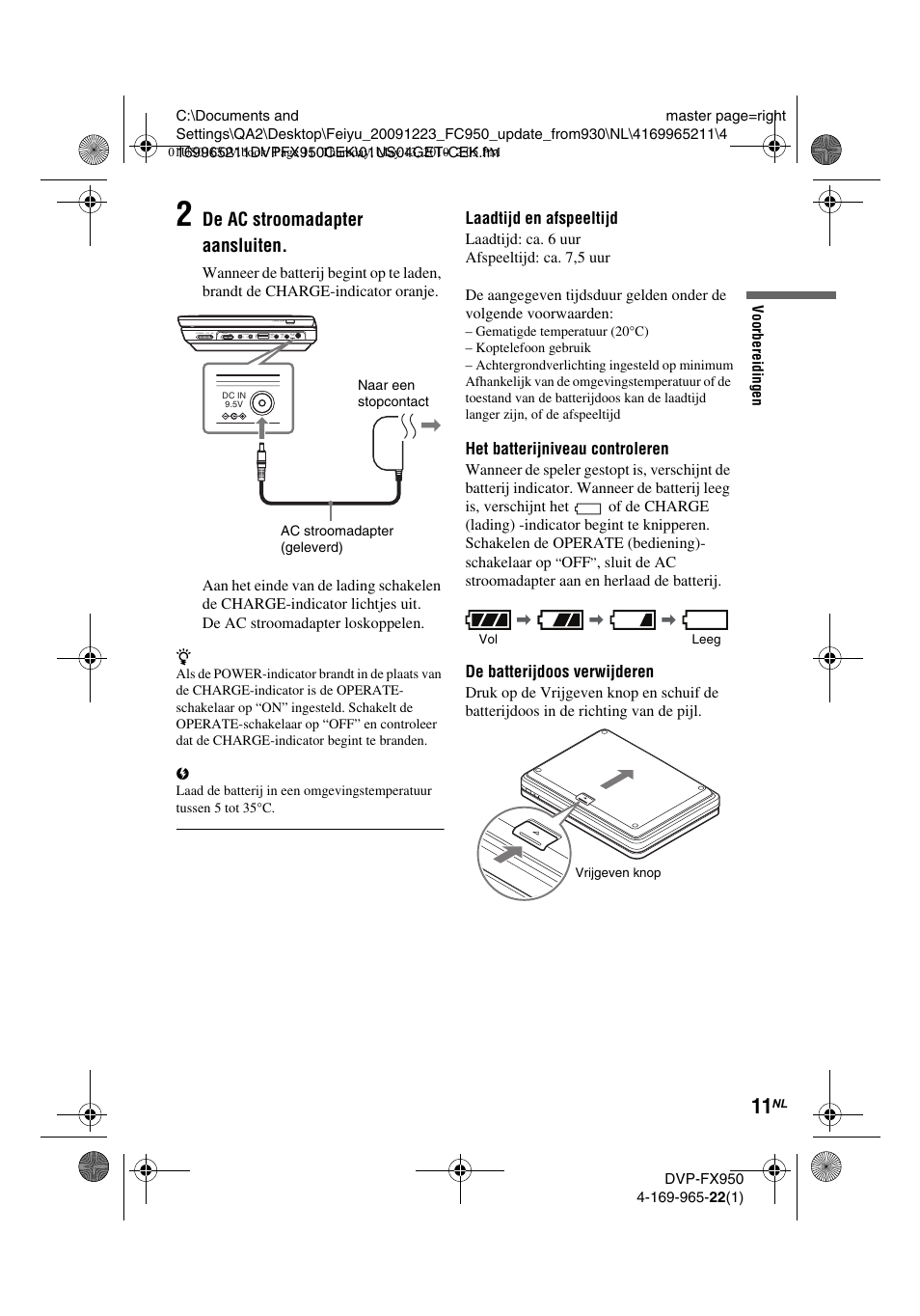 De ac stroomadapter aansluiten | Sony DVP-FX950 User Manual | Page 187 / 216