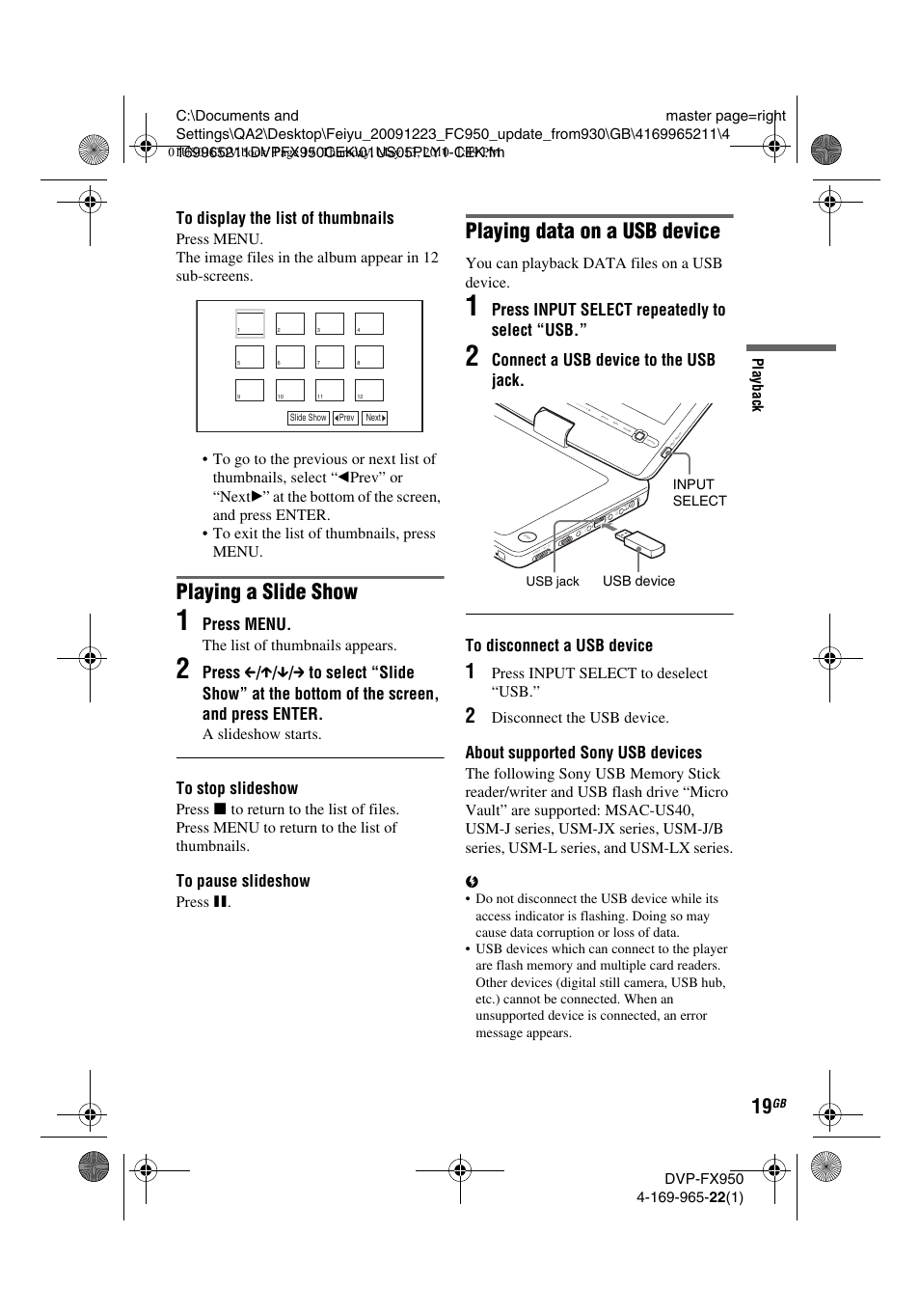 Playing a slide show, Playing data on a usb device, Press menu | Press input select repeatedly to select “usb, About supported sony usb devices | Sony DVP-FX950 User Manual | Page 19 / 216