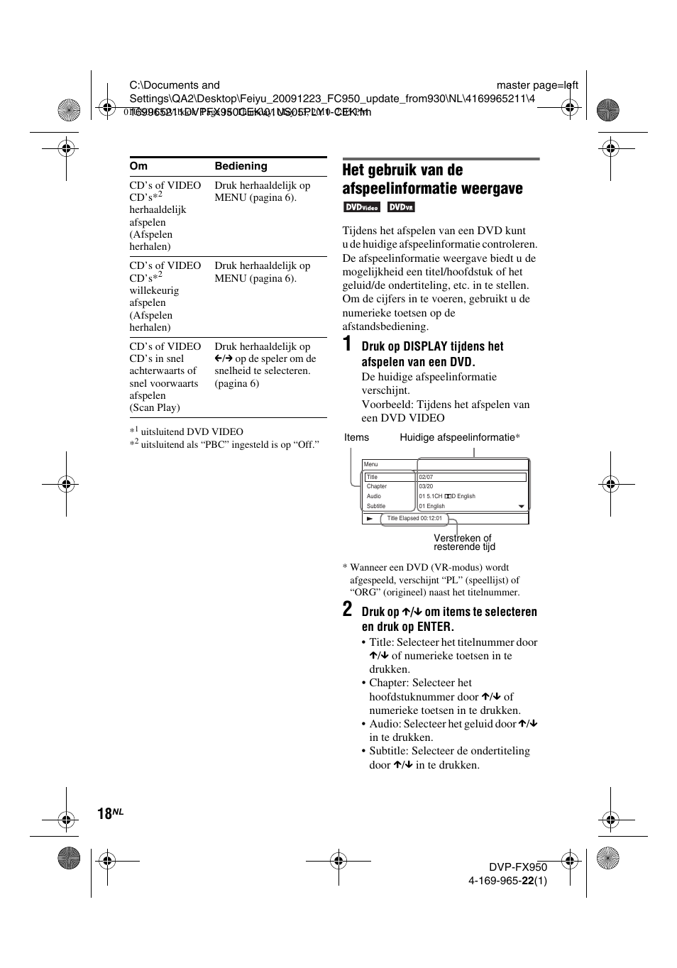 Het gebruik van de afspeelinformatie weergave | Sony DVP-FX950 User Manual | Page 194 / 216