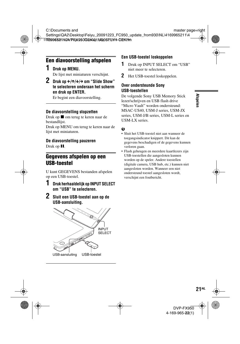 Een diavoorstelling afspelen, Gegevens afspelen op een usb-toestel | Sony DVP-FX950 User Manual | Page 197 / 216