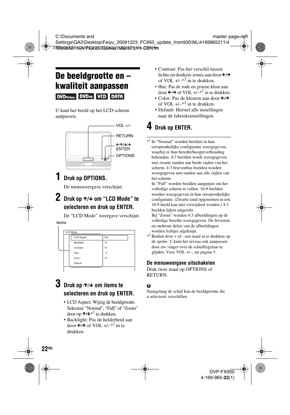 De beeldgrootte en – kwaliteit aanpassen, Druk op options, Druk op enter | Sony DVP-FX950 User Manual | Page 198 / 216