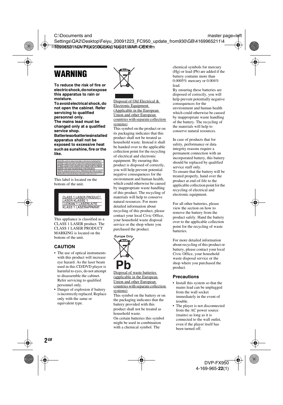 Warning | Sony DVP-FX950 User Manual | Page 2 / 216