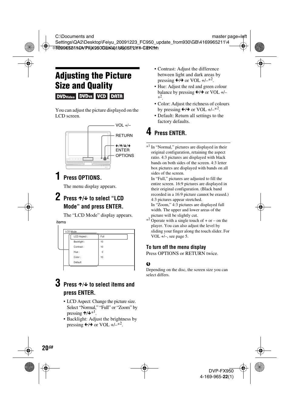 Adjusting the picture size and quality, Press options, Press x / x to select “lcd mode” and press enter | Press x/x to select items and press enter, Press enter | Sony DVP-FX950 User Manual | Page 20 / 216