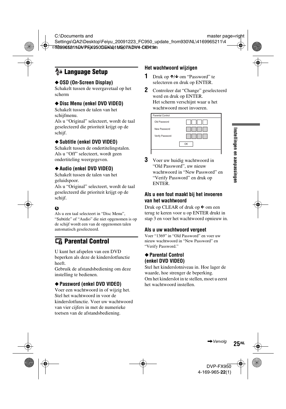 Language setup, Parental control | Sony DVP-FX950 User Manual | Page 201 / 216