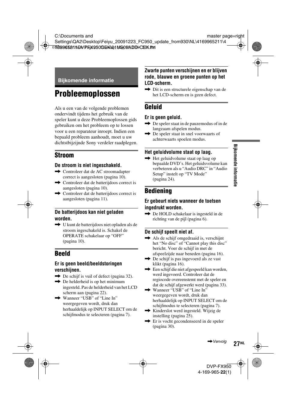 Probleemoplossen, Stroom, Beeld | Geluid, Bediening | Sony DVP-FX950 User Manual | Page 203 / 216