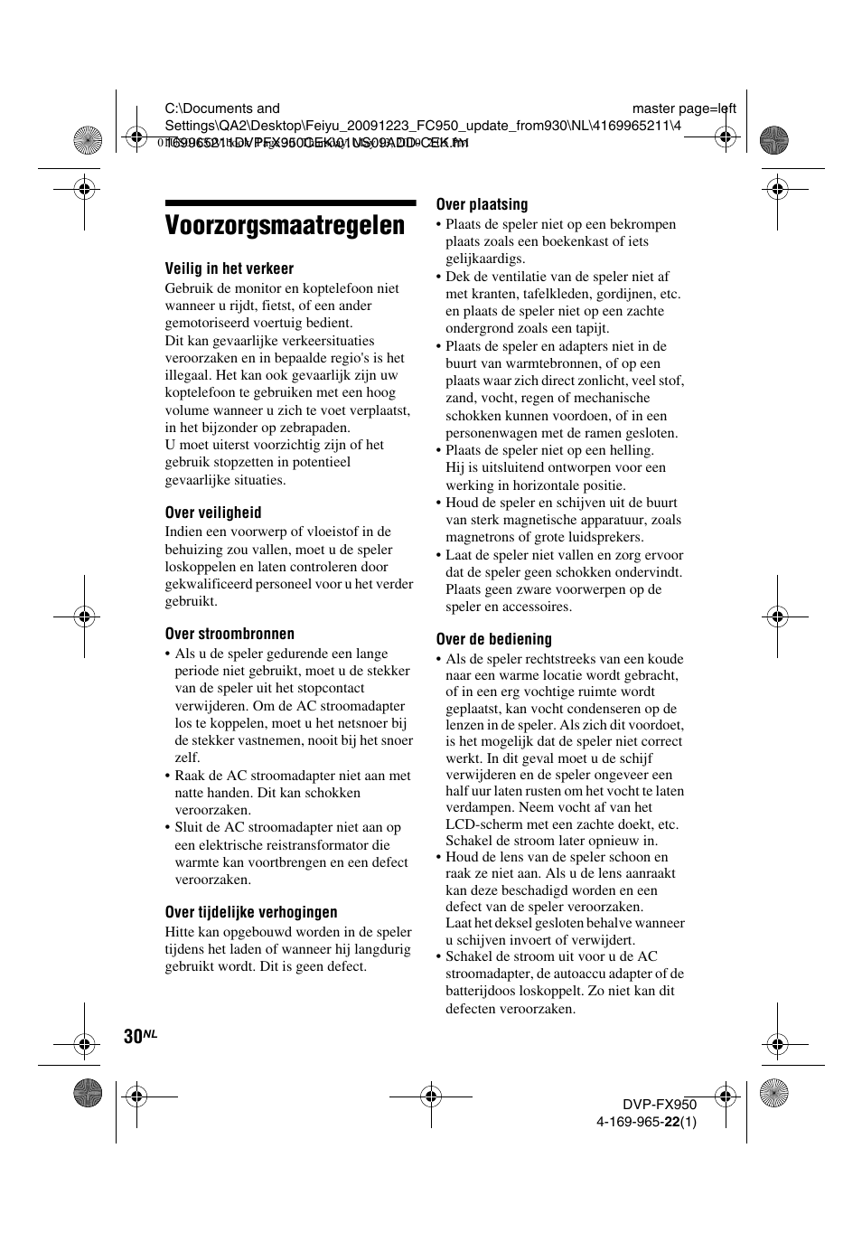 Voorzorgsmaatregelen | Sony DVP-FX950 User Manual | Page 206 / 216