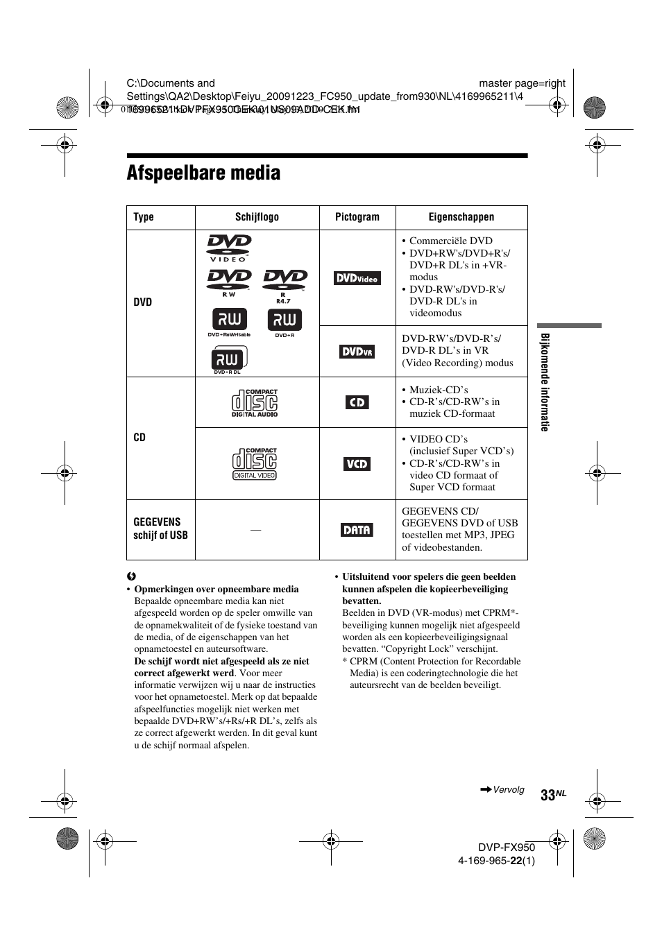 Afspeelbare media | Sony DVP-FX950 User Manual | Page 209 / 216