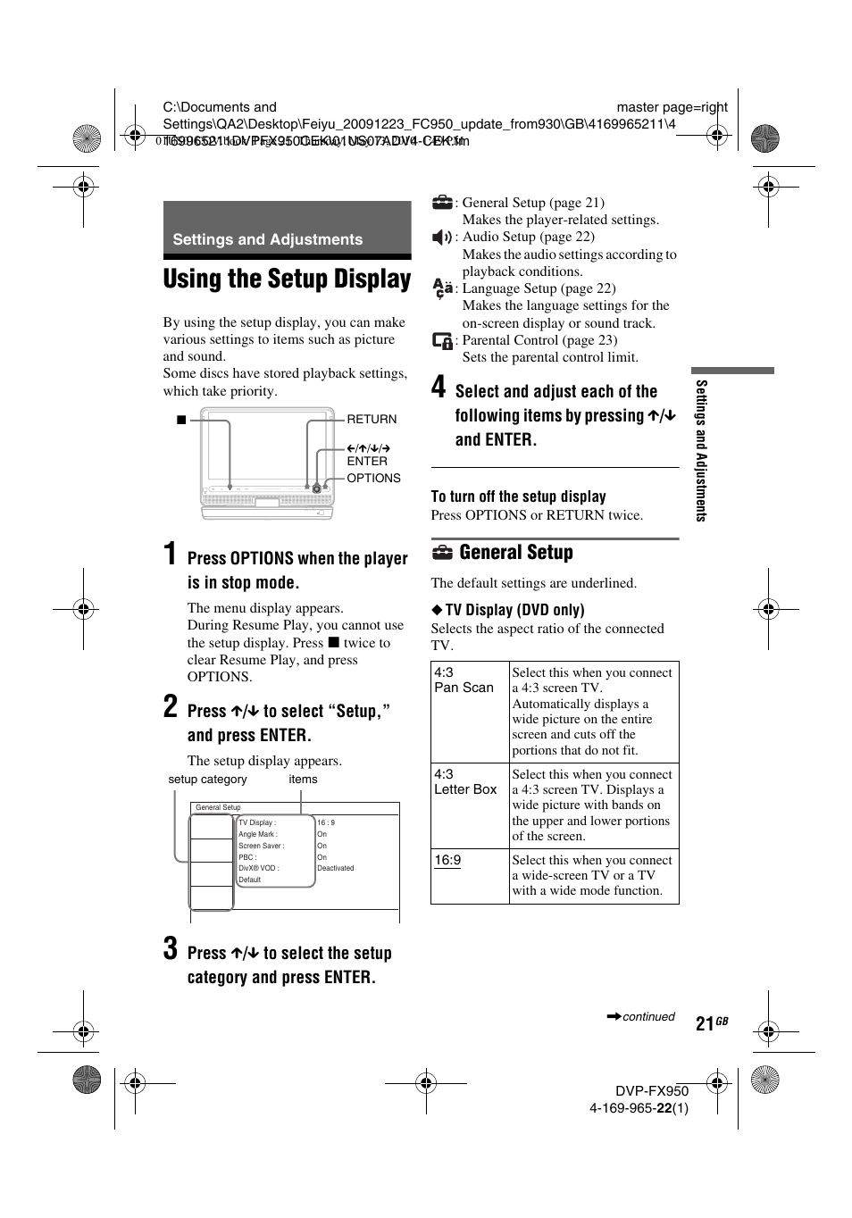 Using the setup display, General setup, Press options when the player is in stop mode | Press x / x to select “setup,” and press enter | Sony DVP-FX950 User Manual | Page 21 / 216