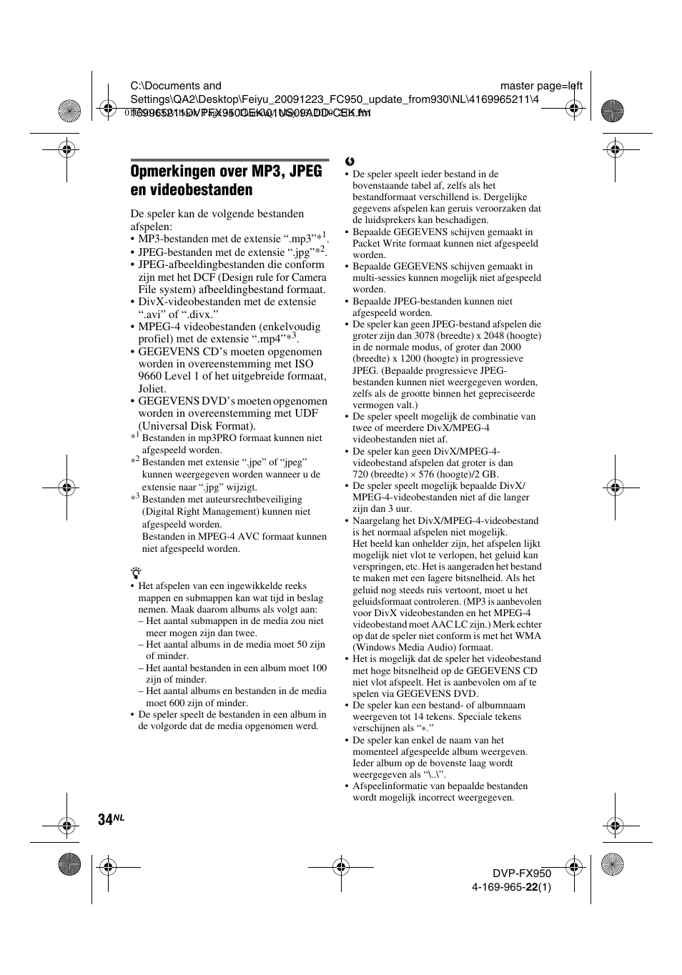 Opmerkingen over mp3, jpeg en videobestanden | Sony DVP-FX950 User Manual | Page 210 / 216