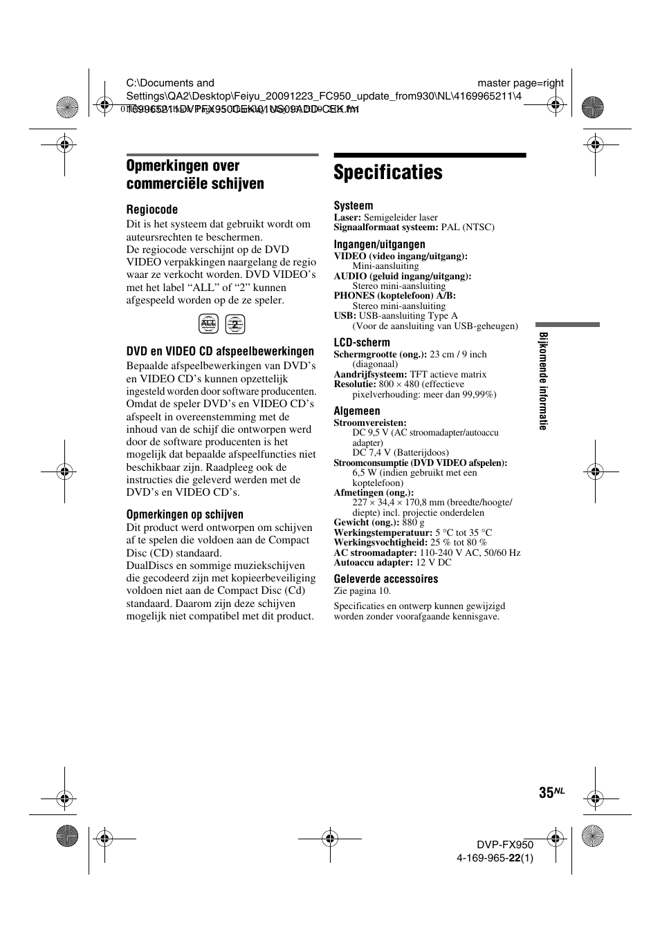 Specificaties, Opmerkingen over commerciële schijven | Sony DVP-FX950 User Manual | Page 211 / 216