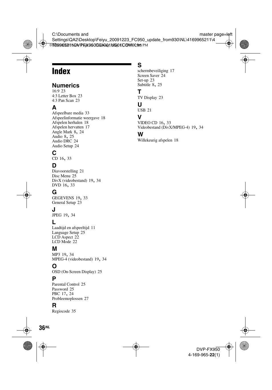 Index | Sony DVP-FX950 User Manual | Page 212 / 216