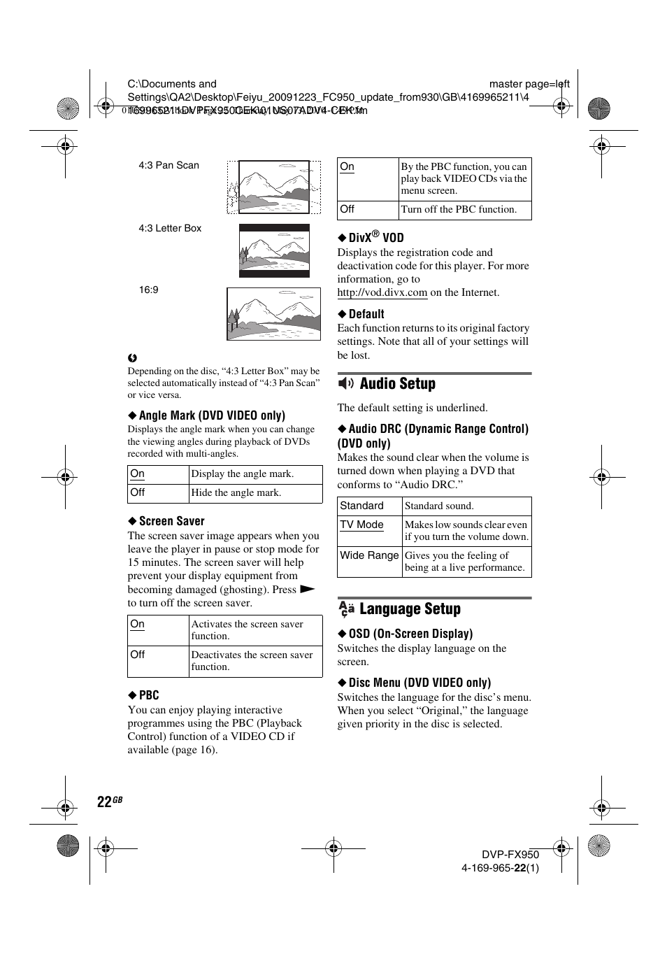 Audio setup, Language setup | Sony DVP-FX950 User Manual | Page 22 / 216