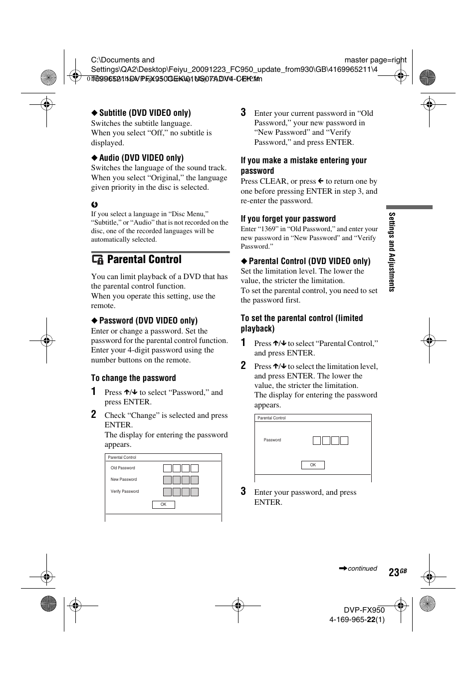 Parental control | Sony DVP-FX950 User Manual | Page 23 / 216