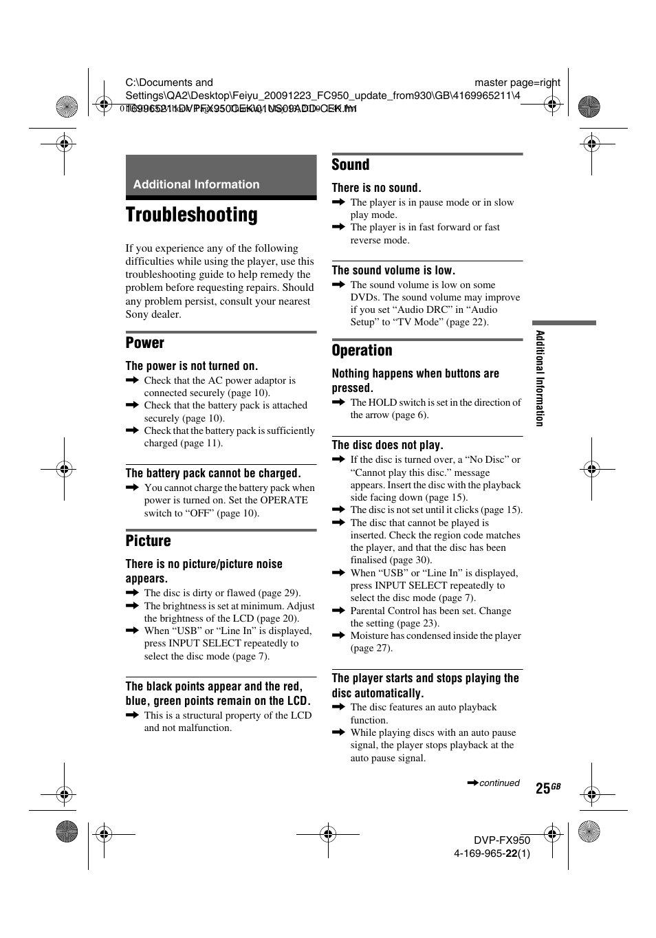 Troubleshooting, Power, Picture | Sound, Operation | Sony DVP-FX950 User Manual | Page 25 / 216
