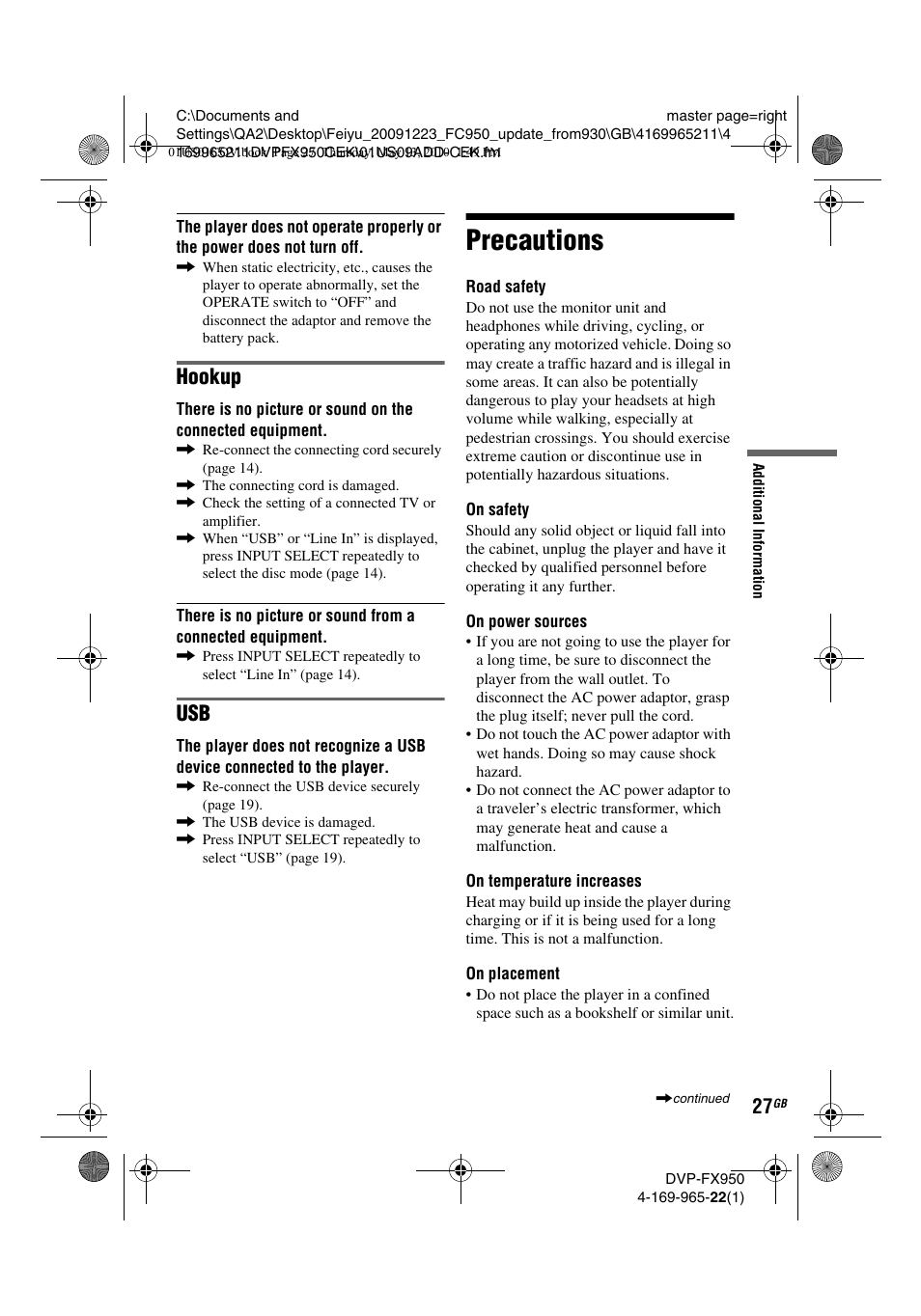 Precautions, Hookup | Sony DVP-FX950 User Manual | Page 27 / 216