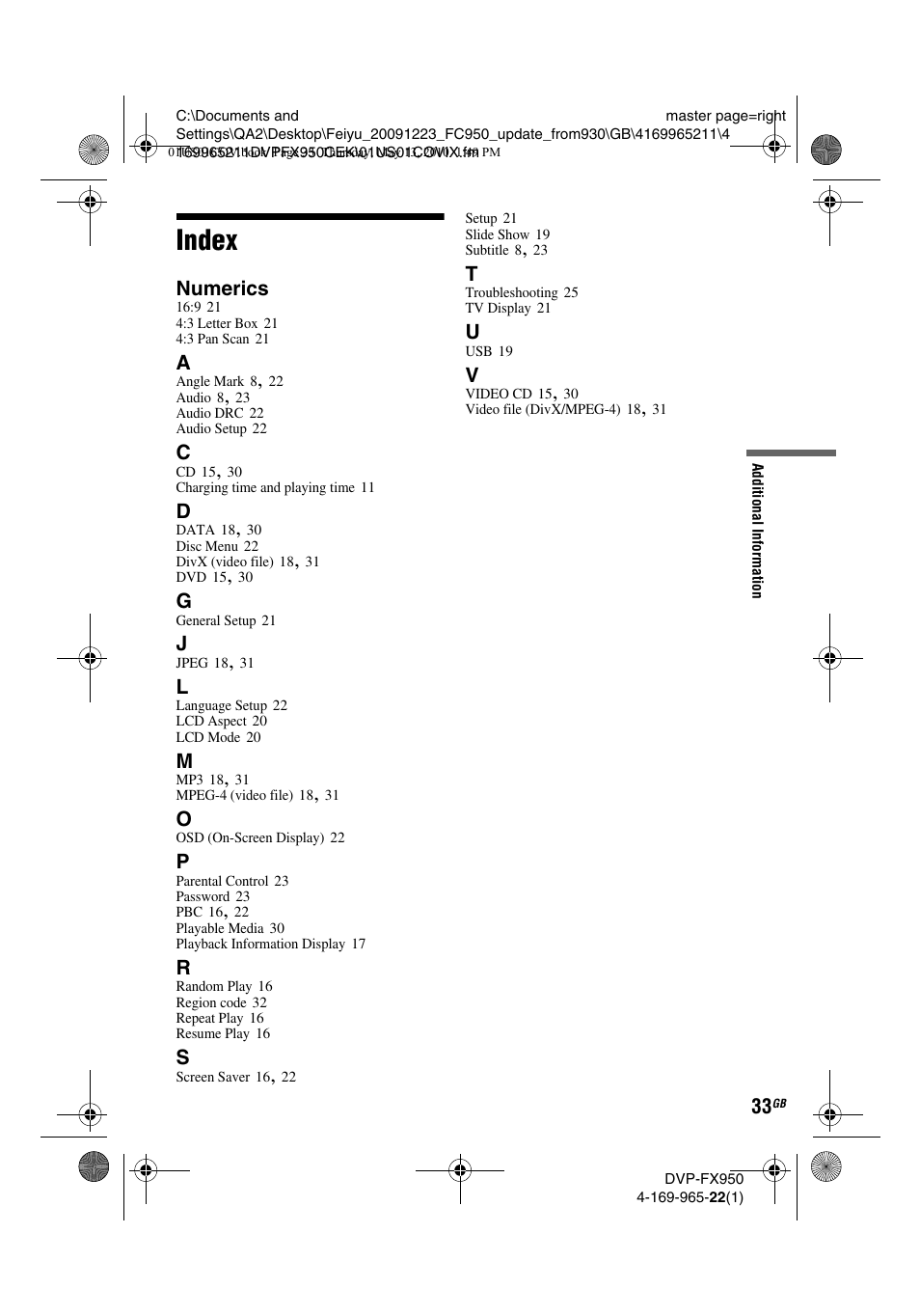 Index | Sony DVP-FX950 User Manual | Page 33 / 216