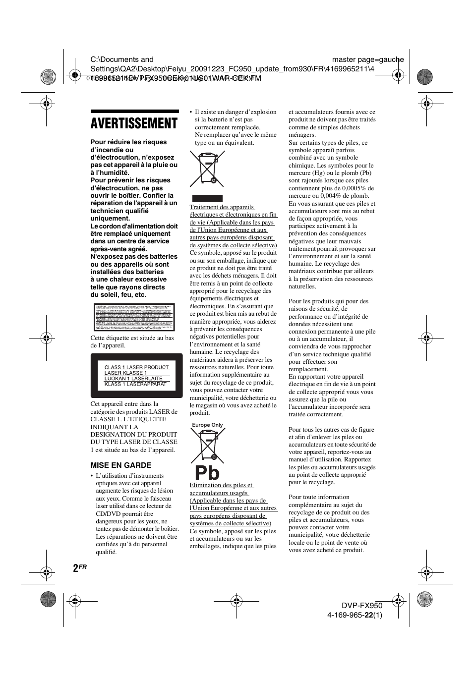 Avertissement | Sony DVP-FX950 User Manual | Page 34 / 216
