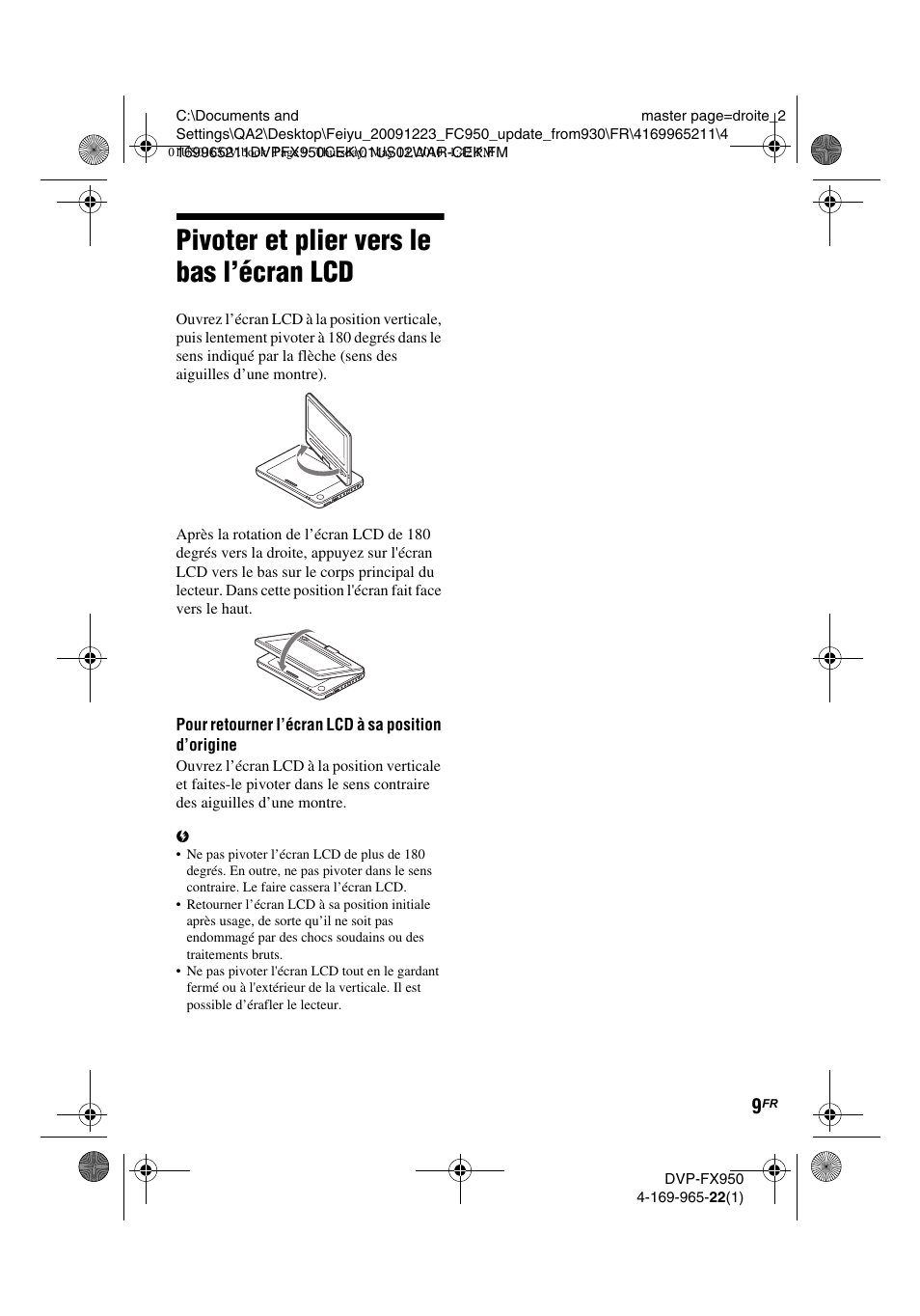Pivoter et plier vers le bas l’écran lcd | Sony DVP-FX950 User Manual | Page 41 / 216