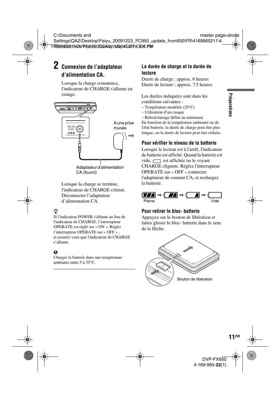 Connexion de l’adaptateur d’alimentation ca | Sony DVP-FX950 User Manual | Page 43 / 216