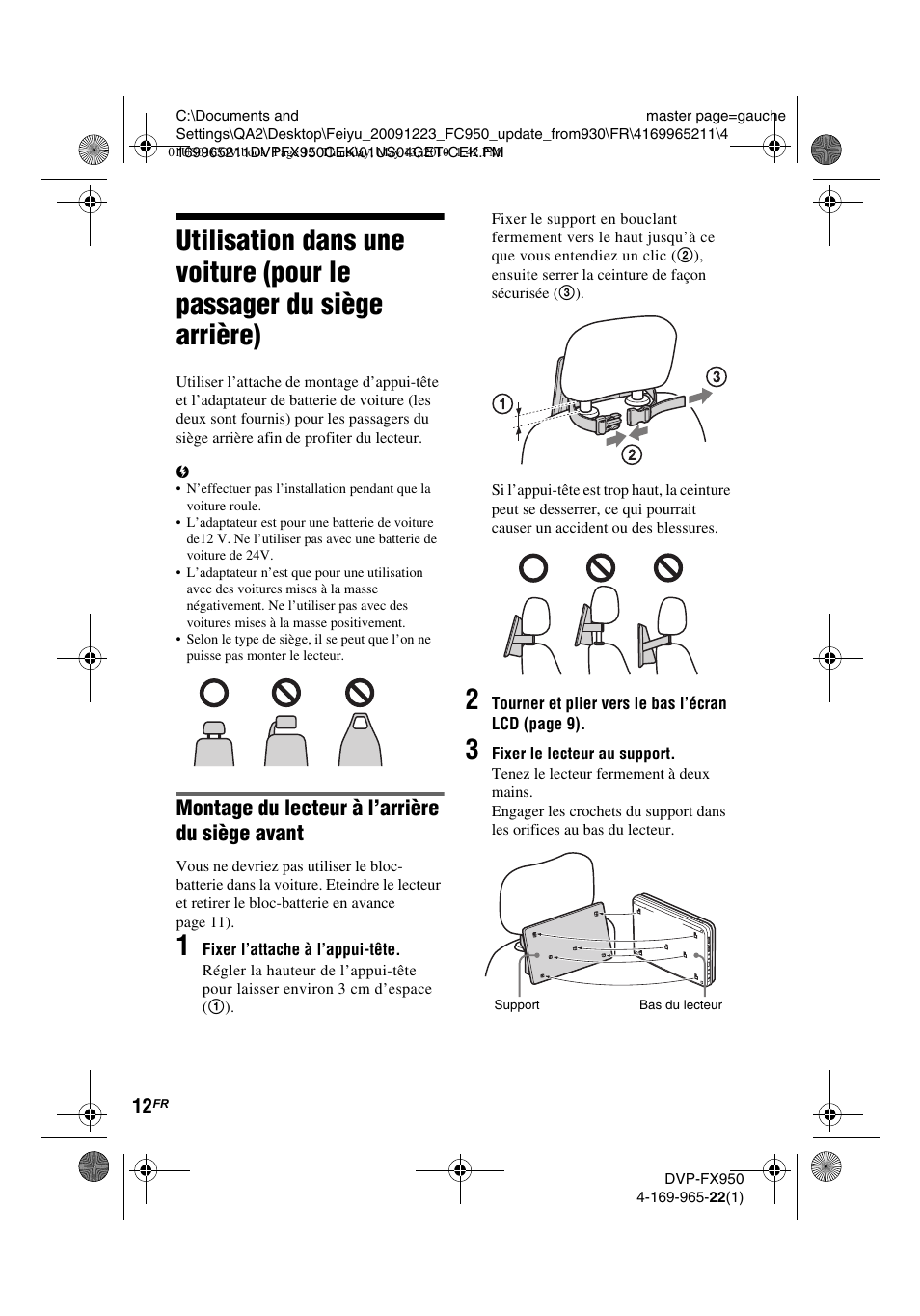 Montage du lecteur à l’arrière du siège avant | Sony DVP-FX950 User Manual | Page 44 / 216