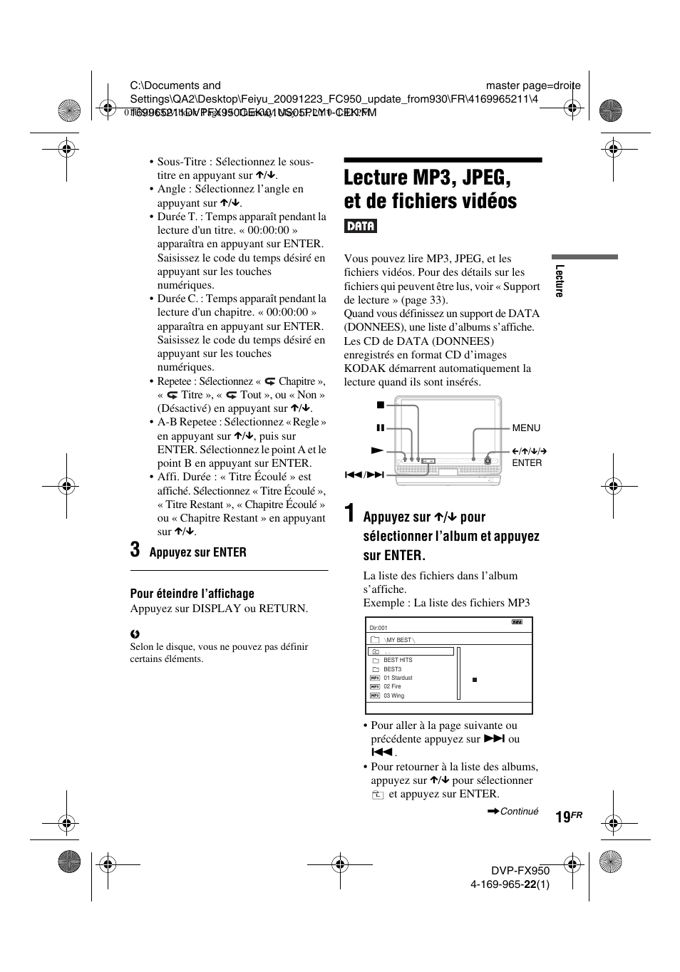 Lecture mp3, jpeg, et de fichiers vidéos | Sony DVP-FX950 User Manual | Page 51 / 216