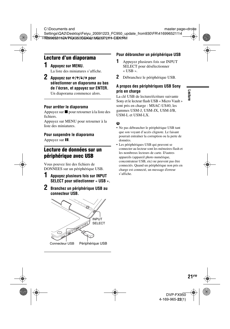 Lecture d’un diaporama, Lecture de données sur un périphérique avec usb | Sony DVP-FX950 User Manual | Page 53 / 216