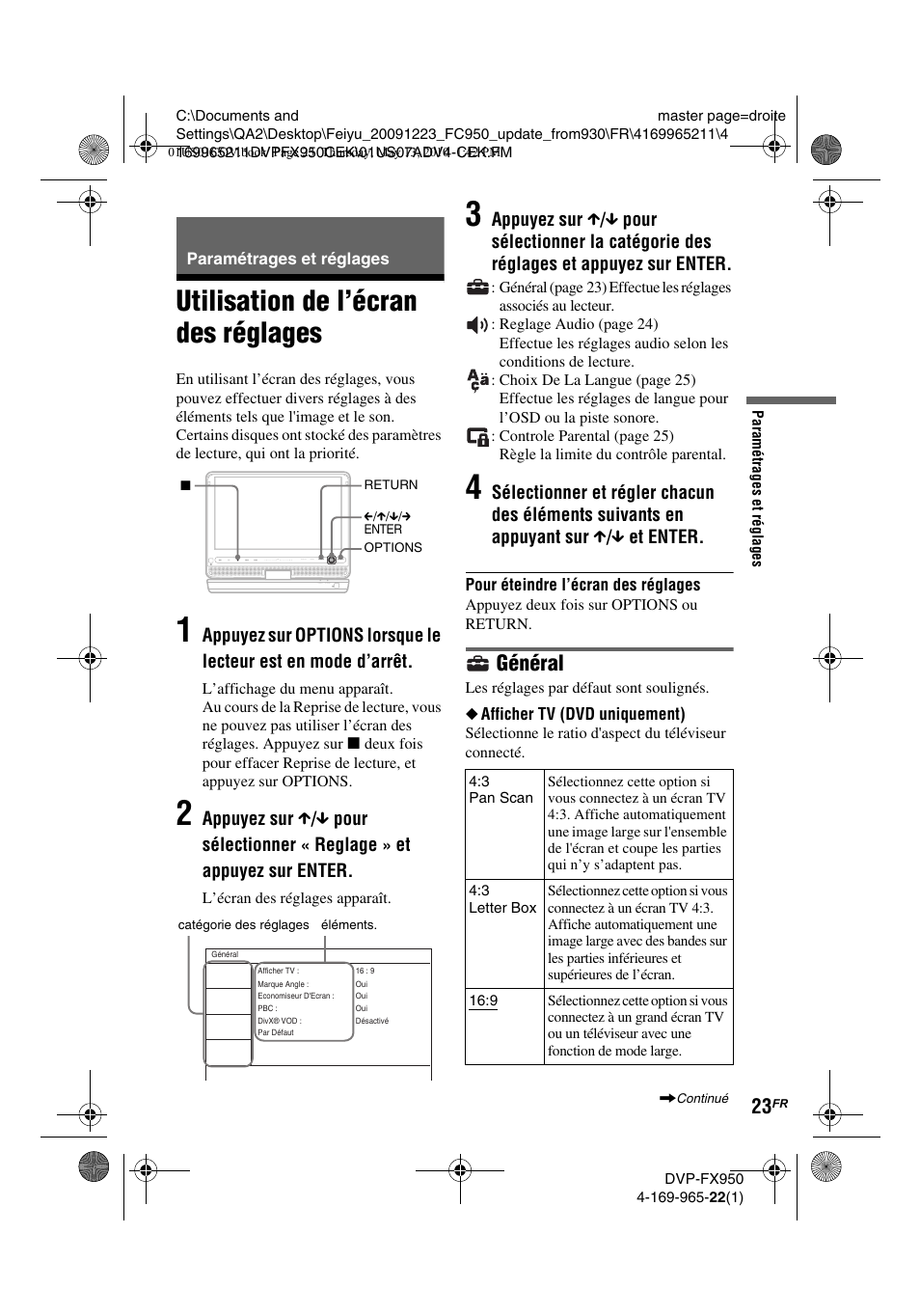 Utilisation de l’écran des réglages, Général | Sony DVP-FX950 User Manual | Page 55 / 216