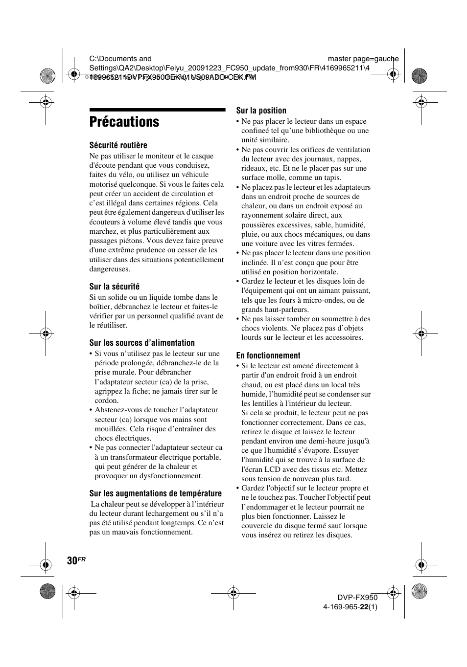 Précautions | Sony DVP-FX950 User Manual | Page 62 / 216