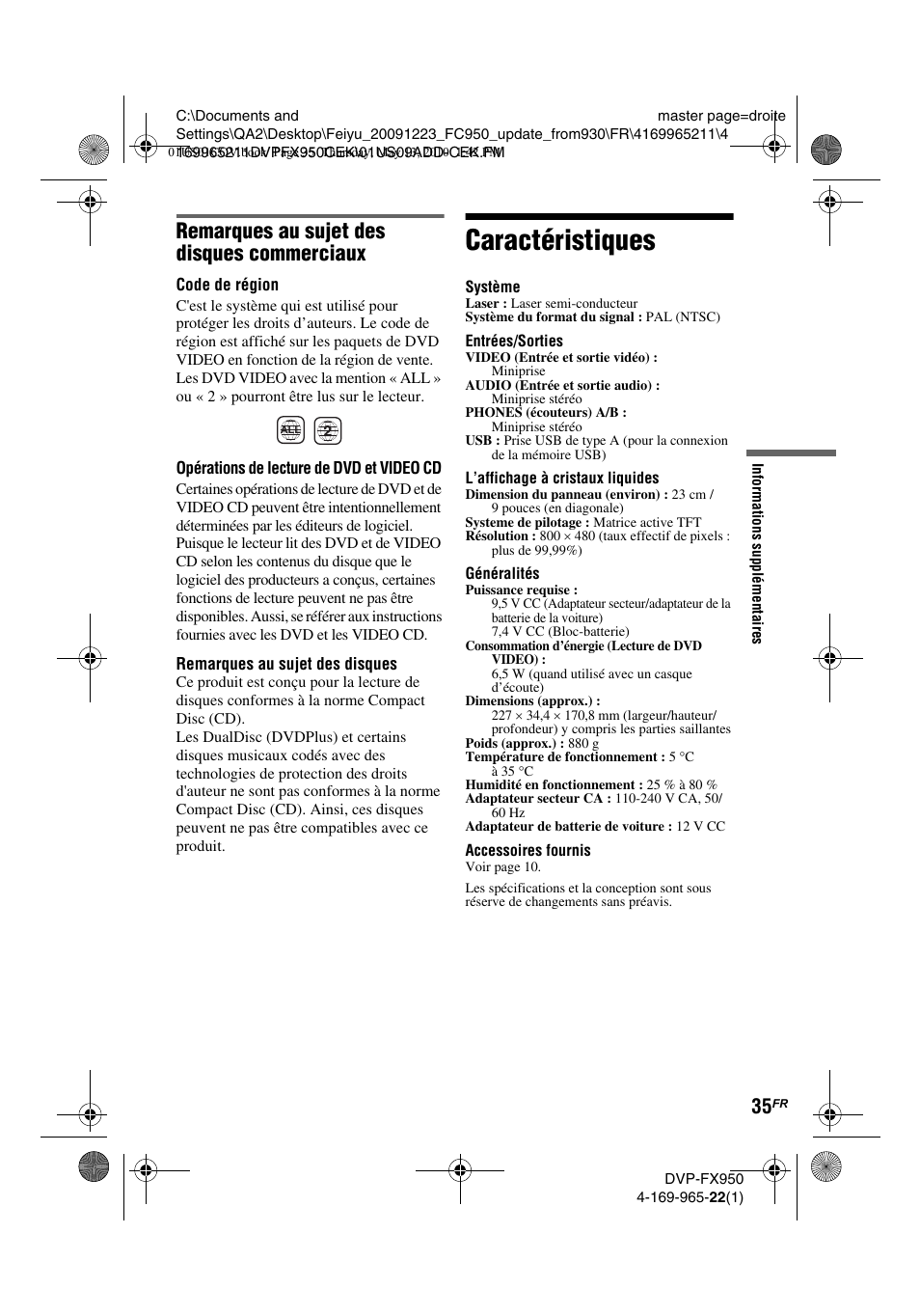 Caractéristiques, Remarques au sujet des disques commerciaux | Sony DVP-FX950 User Manual | Page 67 / 216