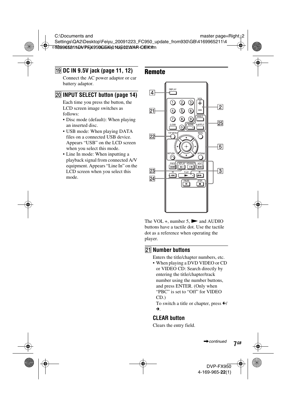 Remote | Sony DVP-FX950 User Manual | Page 7 / 216