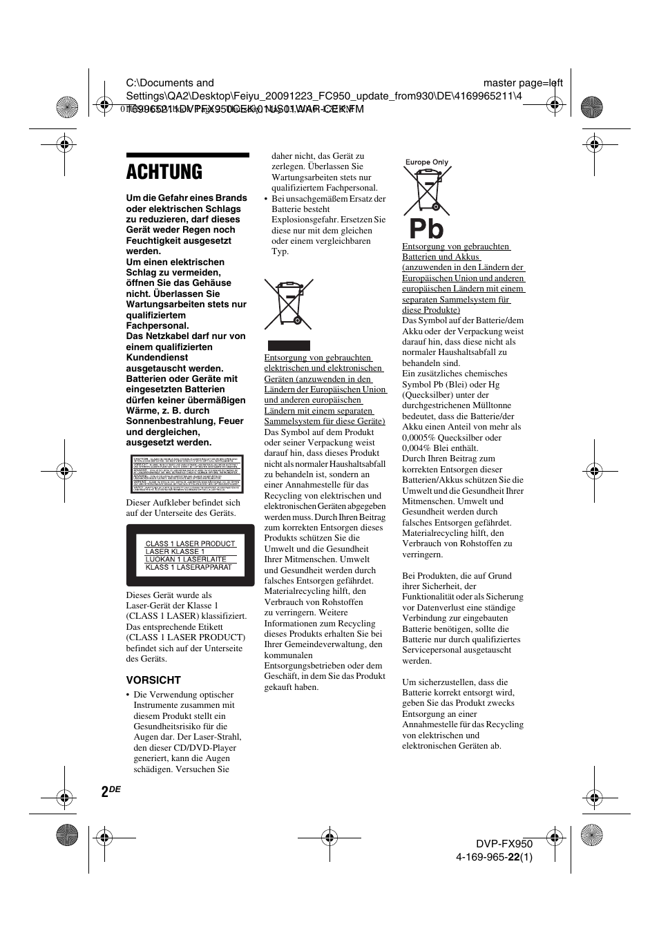 Achtung | Sony DVP-FX950 User Manual | Page 70 / 216