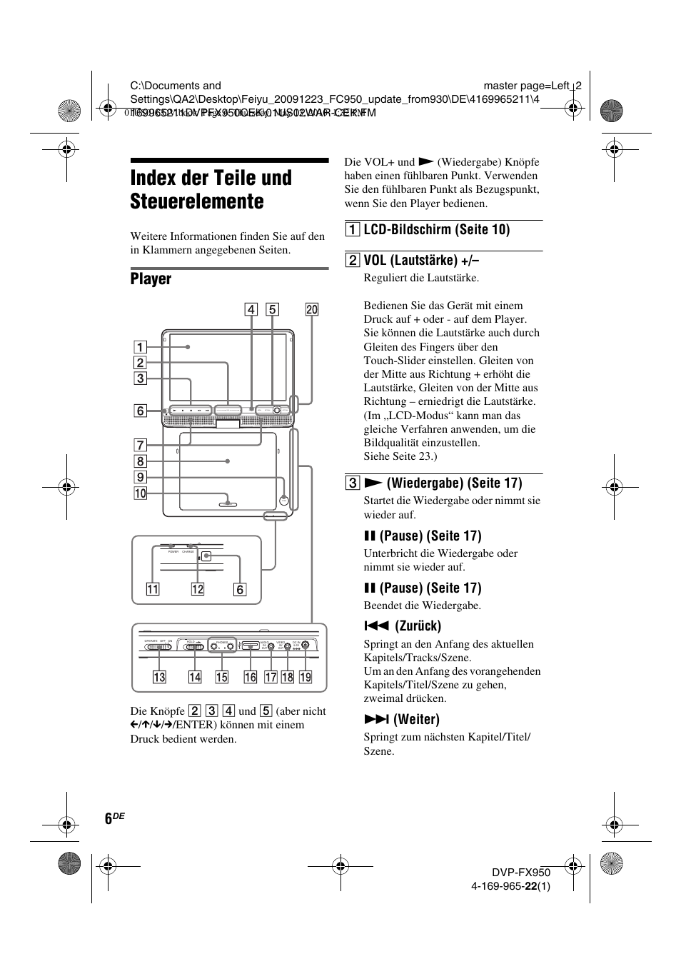 Index der teile und steuerelemente, Player, A lcd-bildschirm (seite 10) b vol (lautstärke) | C n (wiedergabe) (seite 17), X(pause) (seite 17), Zurück), Weiter), Startet die wiedergabe oder nimmt sie wieder auf, Beendet die wiedergabe, Springt zum nächsten kapitel/titel/ szene | Sony DVP-FX950 User Manual | Page 74 / 216